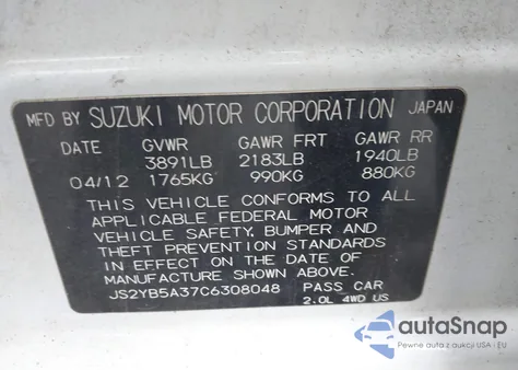 2012 Suzuki Sx4 Premium/Tech Valu Pkg (Nav) from USA, damaged, VIN JS2YB5A37C6308048